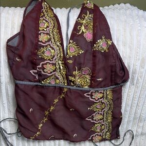 Embroidered & Sequined Burgundy Sleeveless Top